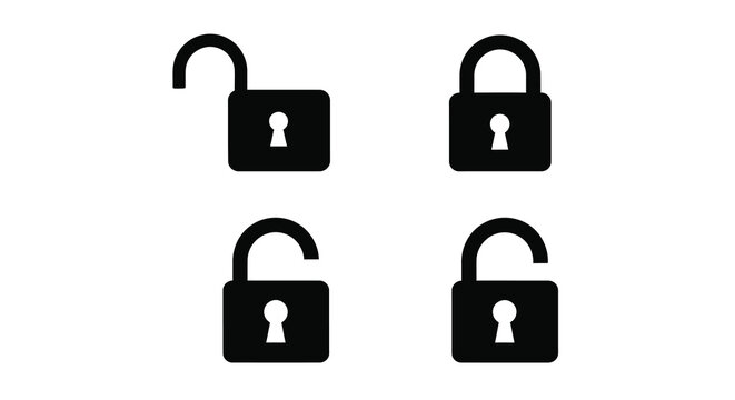 Four black lock icons two open and two closed in silhouette