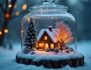 Obraz premium Miniature winter village inside glass jar at dusk. Cozy cabin glows with warm light. Snow-covered trees and house create festive scene. Peaceful holiday mood.