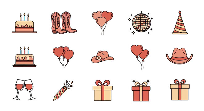 Western Bachelorette and Cowgirl Party Icon Set - Country Celebration Graphics with Cowboy Boots, Hats, Disco Ball, and Gifts