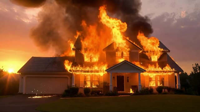 Suburban residential house exploding and engulfed in massive flames during a dramatic sunset for a property damage and disaster concept