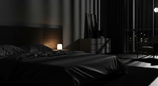 Dark room with bed.