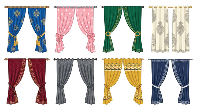 Collection of colorful and patterned curtains displayed in a row
