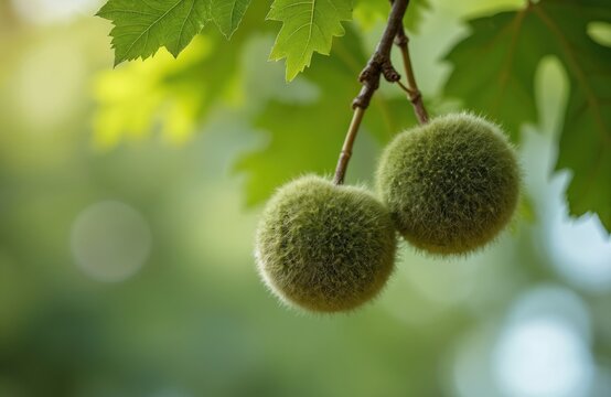 American sycamore tree has fuzzy green fruits and large leaves. Branch with hanging seed balls and foliage in soft natural light. Detailed close up of a plant.