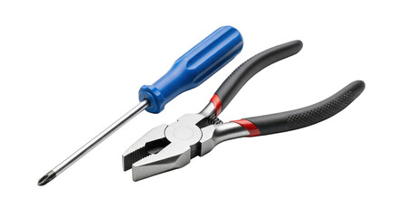 Fototapeta premium Screwdriver and pliers positioned diagonally on white background with professional lighting