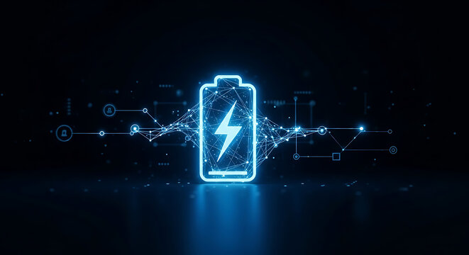 Glowing blue battery icon at the heart of a futuristic digital network, embodying swift power delivery and advanced energy technology for a connected world