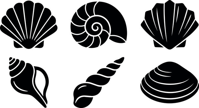 Black sea shell icons collection with spiral scallop and clam shapes