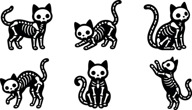 Black and white skeleton cats in various poses vector art