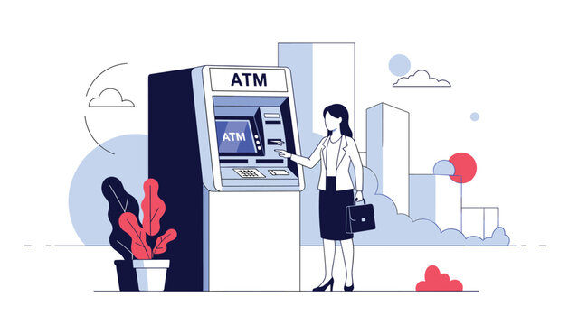Professional woman using a modern ATM machine to withdraw cash or check her bank balance in a stylized city setting.