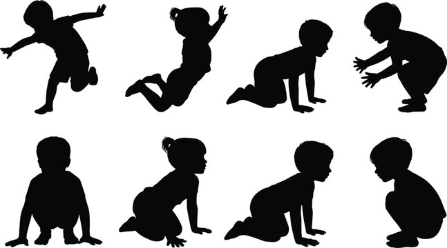 Baby silhouettes set, crawling sitting playing toddler poses child development vector illustration isolated design