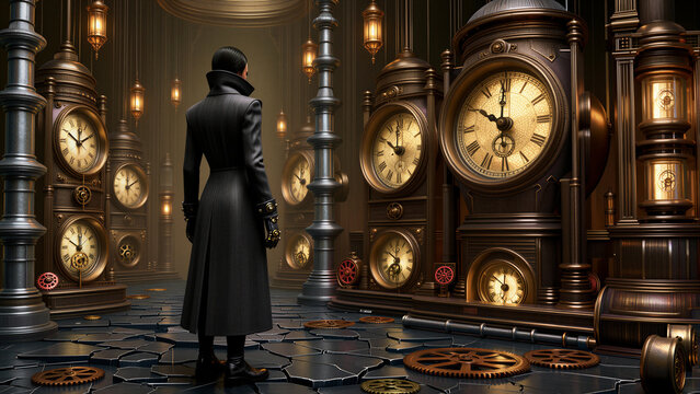 A mysterious figure stands among colossal steampunk clocks and broken gears in a dimly lit chamber.