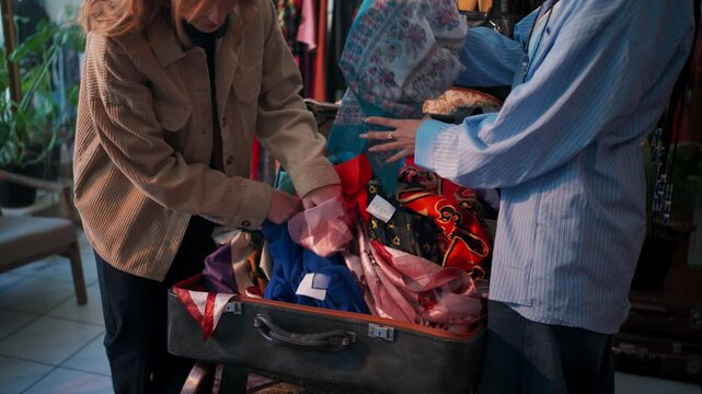 Organized Duo Readying Colorful Travel Bags. Pink And Blue Suitcase Filled With Clothing And Accessories