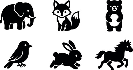 Fototapeta premium Black and white animal silhouettes elephant fox bear bird rabbit horse vector art