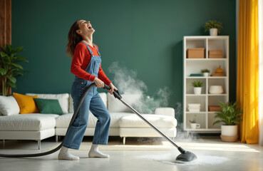 Fototapeta premium Woman happily uses steam cleaner on floor, singing along. Energetic cleaning in modern living room, domestic chore becomes fun activity, purifying air, healthy home environment.