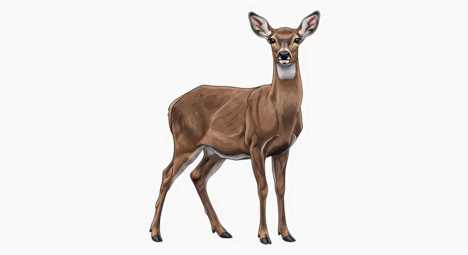 Graceful deer standing with alert ears against a soft white background detailed fur texture