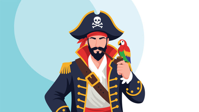 Classic pirate captain character wearing a tricorn hat and gold trimmed coat poses with a colorful parrot on his shoulder and smoking pipe.