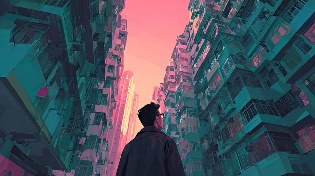 Man looks up at towering buildings bathed in vibrant colors and soft lighting