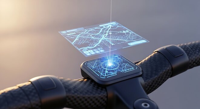 Extreme close up of futuristic smart bike handlebar with glowing blue holographic navigation map and copy space