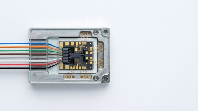 Microchip with colored wires, modern technology and electronic component ,photonic quantum computing, fiber optic, optical waveguide, quantum photonics, crystal background,copy space