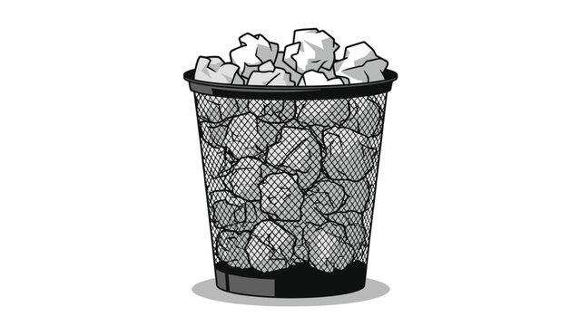 Wire mesh wastebasket filled to the brim with numerous crumpled pieces of white paper, suggesting office waste or ideas.