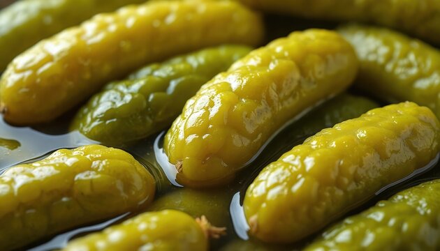 Close-up of brined cucumbers submerged in liquid. Pickled gherkins texture shows bumpy surface and bright green yellow color. Food background.