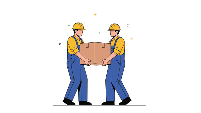 Two professional male movers wearing yellow hard hats and blue overalls carry a large cardboard box together during a move.