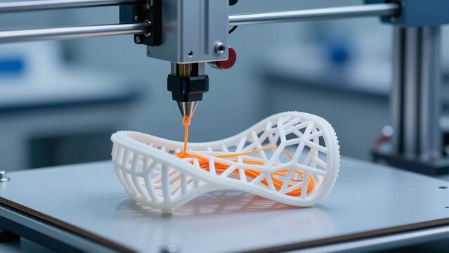 A 3D printer constructs a white lattice medical device with orange filament, showcasing healthcare innovation in a lab setting.