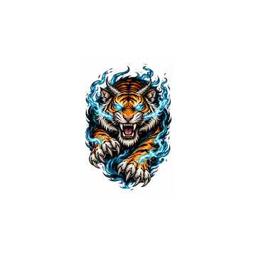 Tigre  con corna e fiamme blu in stile tatuaggio. Generative AI 