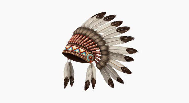 Native american feather headdress with intricate beadwork and vibrant colors isolated on white