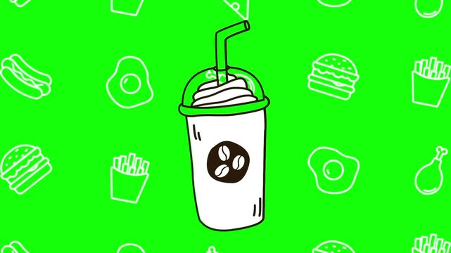 An iced coffee cup, animated cartoon vector with foodie icon background on green screen. Beverage idea, cold brew, drink symbol. Popup animation template design element