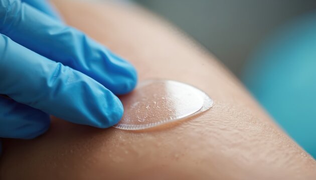 Doctor in blue gloves applies clear circular patch onto arm skin. Medical procedure for allergy test or wound care. Close-up view shows skin texture and patch adhesive. Healthcare concept, clinic.
