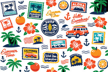 Seamless tropical summer pattern, travel vacation vector, beach stamps background, palm trees hibiscus flowers, surf van illustration, aloha design, retro holiday wallpaper, ocean icons, colorful text © SayedaRima