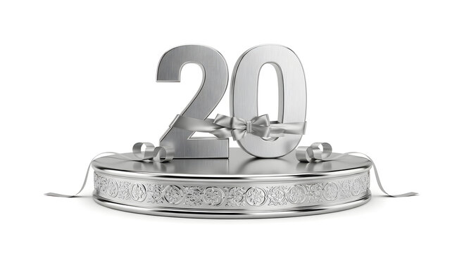 Silver 20th anniversary cake topper, metallic decorative element, shiny number 20, wedding celebration ornament