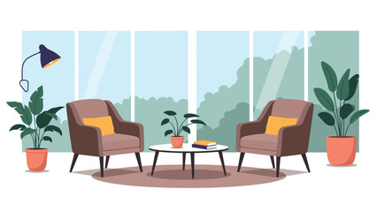 Fototapeta premium Stylish living room interior featuring two brown armchairs, a coffee table, and large windows overlooking green trees.