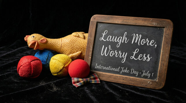 A whimsical rubber chicken and colorful juggling balls accompany a chalkboard message celebrating International Joke Day on July 1.