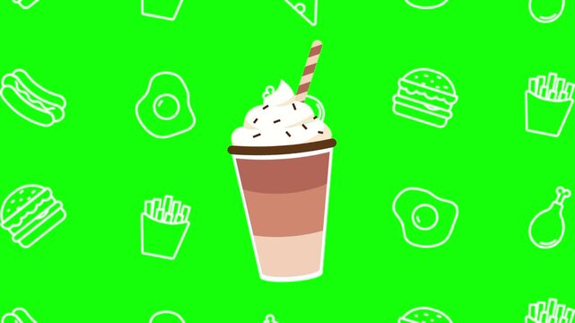 Creamy coffee, a latte drink cup animated cartoon vector with foodie icon background on green screen. Beverage idea, dreamy, foamy symbol. Popup animation template design element