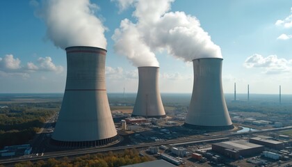 Obraz premium Industrial cooling towers emit large plumes of steam into the sky. Power station complex operates with energy production. Global warming and climate change concerns rise.