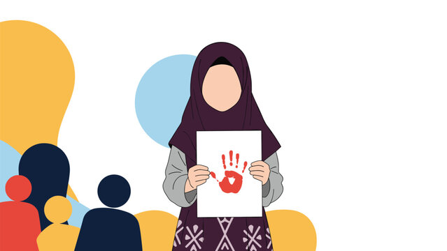 Woman wearing a purple hijab and grey dress holds up a white paper featuring a red handprint symbol as a form of protest or awareness.