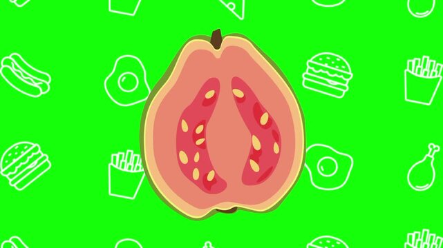 Guava half cut, fresh fruit sliced animated cartoon vector with foodie icon background on green screen. Healthy idea, vitamin, food symbol. Popup animation template design element