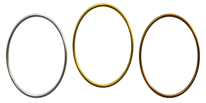 Set of 3 outline metallic oval frame rings in gold silver and bronze for award medals on transparent background