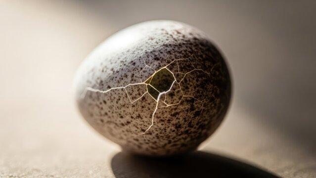 Close-up of a cracked bird egg on a textured surface, with dramatic lighting.