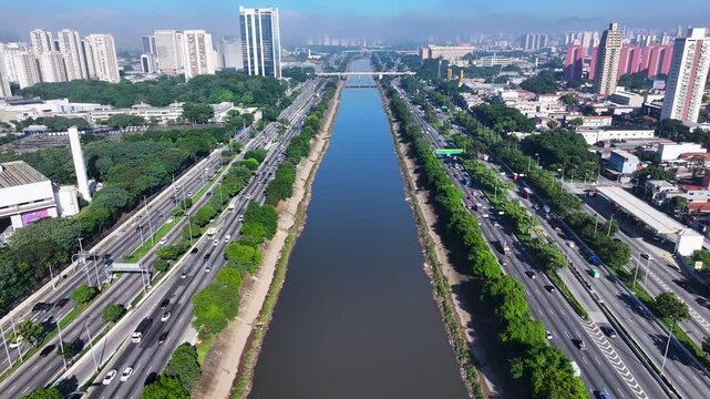 Marginal Tiete Road In Sao Paulo Brazil. Amazing Skysrapers And Traffic On Street Viewed From Above. Construction Skyline Company Building Beautiful. Company Building Architecture Business.
