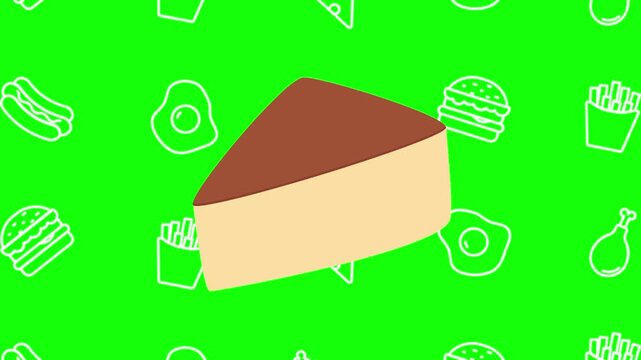 A sliced cake, gourmet dessert animated cartoon vector with foodie icon background on green screen. pastry idea, bakery, food symbol. Popup animation template design element