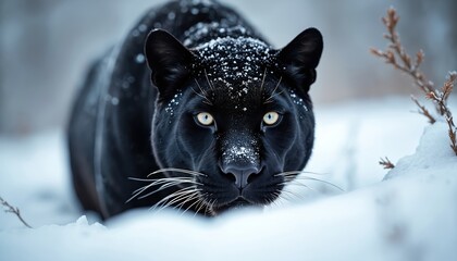 Fototapeta premium Black panther emerges from snow. Wild cat with yellow eyes stares intensely. Fur dusted with white snowflakes in frosty forest. Fierce predator stalks in winter nature.