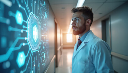 Plakat Doctor examines digital medical data interface on screen in hospital corridor. Man studies health network graph and charts. Futuristic healthcare tech innovation shows progress.