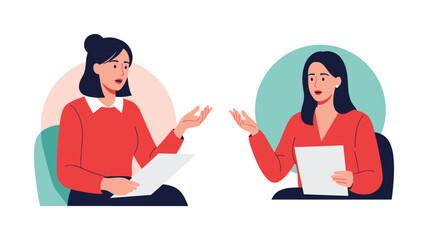 Fototapeta premium Two professional women in red shirts sit together and have an active discussion while holding documents in a modern office or meeting room.