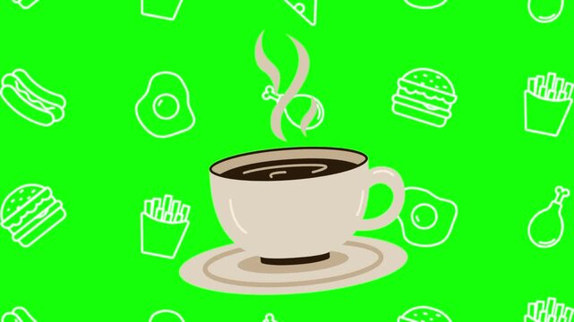 A cup hot black coffee animated cartoon vector with foodie icon background on green screen. Beverage idea, espresso, drink symbol. Popup animation template design element
