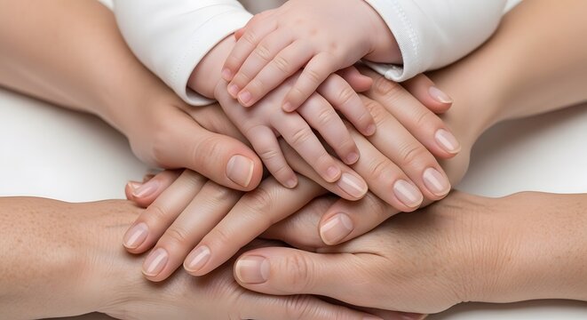 Stacked family hands together on white background bangali new year