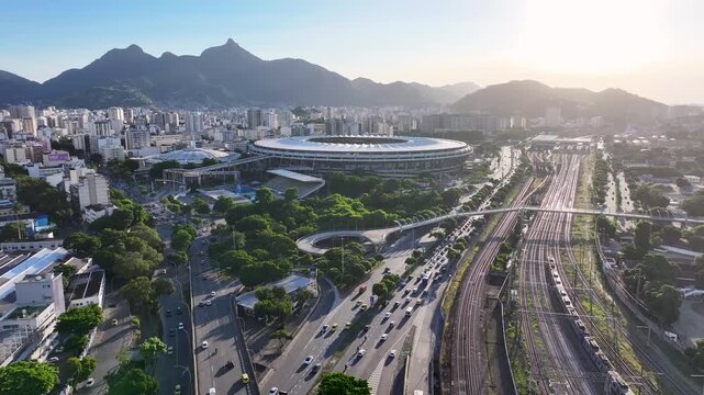 Sunset Maracana Stadium In Rio De Janeiro Brazil. Aerial View Of Soccer Stadium In The City With Modern Architecture. Building Industry Landscape Company Building Stunning.
