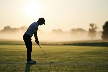 Fototapeta premium Silhouette of a golfer preparing to swing within a misty golf course setting at dawn, illustrating the anticipation and focus in the sport amidst a tranquil morning atmosphere.