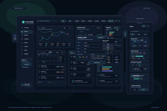 A modern dark mode dashboard for restaurant management featuring a seating plan, guest waitlist, and a mobile app interface for reservations in a vector illustration style.